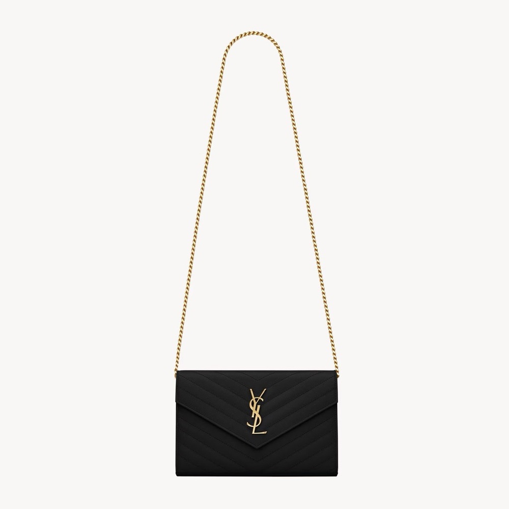YSL CLASSIC CASSANDRE CHAIN WALLET IN GRAIN DE POUDRE LEATHER